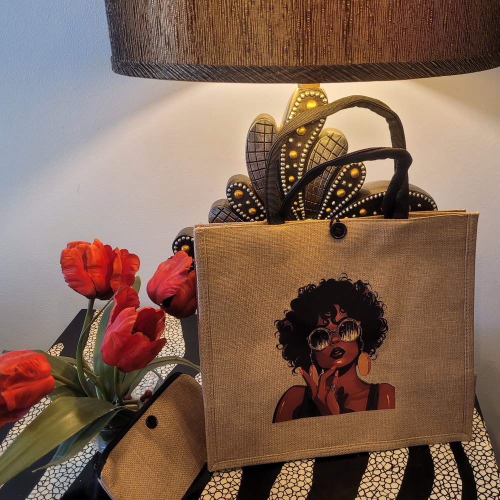 Stylish Tan Tote Bag with Artistic Design